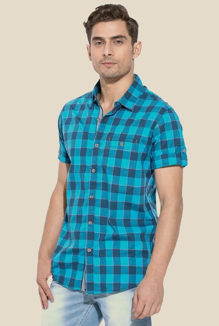 Mufti Turquoise Checked Short Sleeve Shirt Mufti Turquoise Checked Short Sleeve Shirt