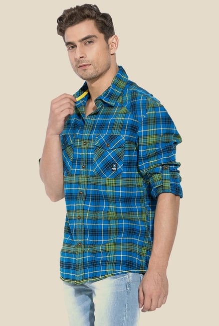 Mufti Royal Blue & Green Plaid Shirt Mufti Royal Blue & Green Plaid Shirt