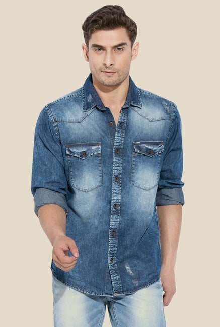 Mufti Blue Solid Denim Shirt Mufti Blue Solid Denim Shirt
