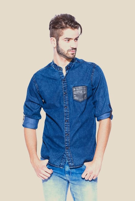 Mufti Blue Mandarin Collar Shirt Mufti Blue Mandarin Collar Shirt