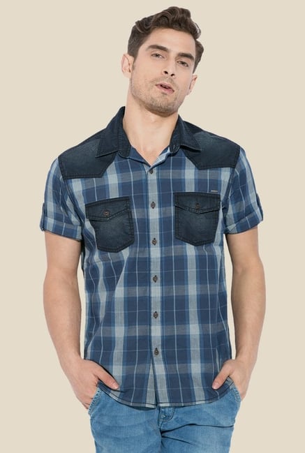 Mufti Navy Checked Short Sleeve Shirt Mufti Navy Checked Short Sleeve Shirt