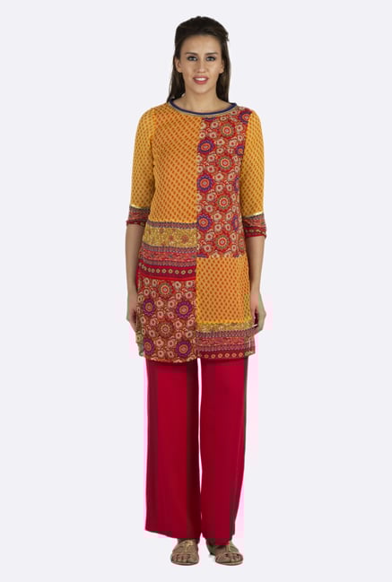Fusion Beats Yellow Printed Polyester Kurti Fusion Beats Yellow Printed Polyester Kurti