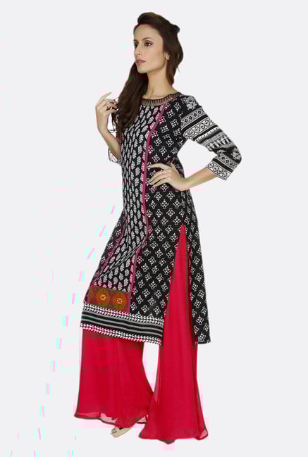 Fusion Beats Black Printed Boat Neck Kurta Fusion Beats Black Printed Boat Neck Kurta
