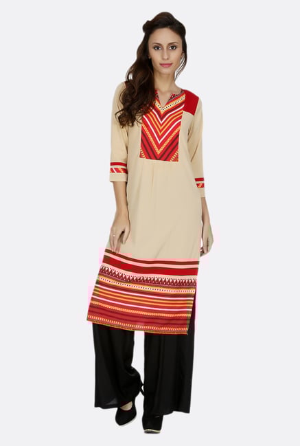 Fusion Beats Beige Printed Polyester Kurta Fusion Beats Beige Printed Polyester Kurta