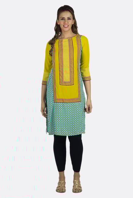 Fusion Beats Yellow Printed 3/4th Sleeves Kurta Fusion Beats Yellow Printed 3/4th Sleeves Kurta