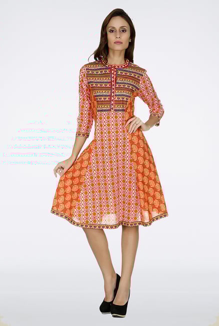 Fusion Beats Orange Printed Cotton Kurta Fusion Beats Orange Printed Cotton Kurta