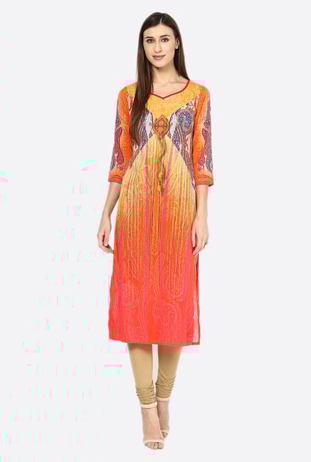 Fusion Beats Orange Printed Polyester Kurta Fusion Beats Orange Printed Polyester Kurta