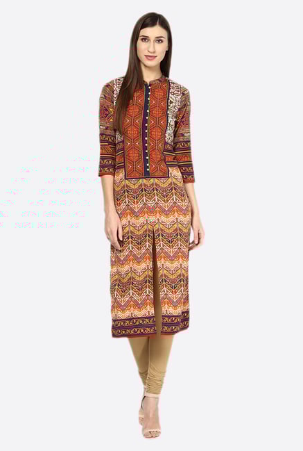 Fusion Beats Orange Printed 3/4th Sleeves Kurta Fusion Beats Orange Printed 3/4th Sleeves Kurta