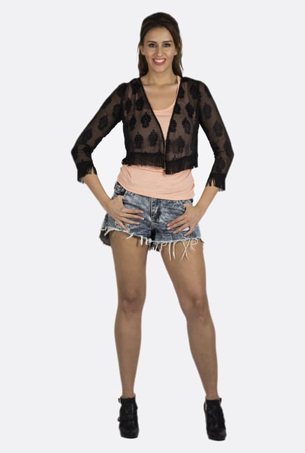 Fusion Beats Black Sheer Printed Shrug Fusion Beats Black Sheer Printed Shrug