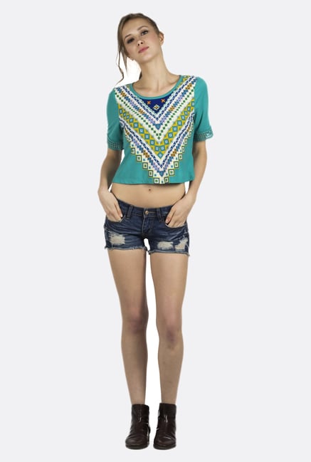 Fusion Beats Turquoise Printed Crop Top Fusion Beats Turquoise Printed Crop Top