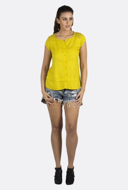 Fusion Beats Yellow Self Printed Top Fusion Beats Yellow Self Printed Top