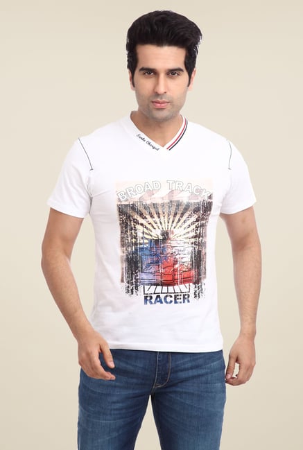 Parx White Graphic Printed V Neck T Shirt Parx White Graphic Printed V Neck T Shirt