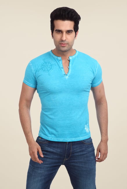 Parx Blue Solid Henley Neck T Shirt Parx Blue Solid Henley Neck T Shirt