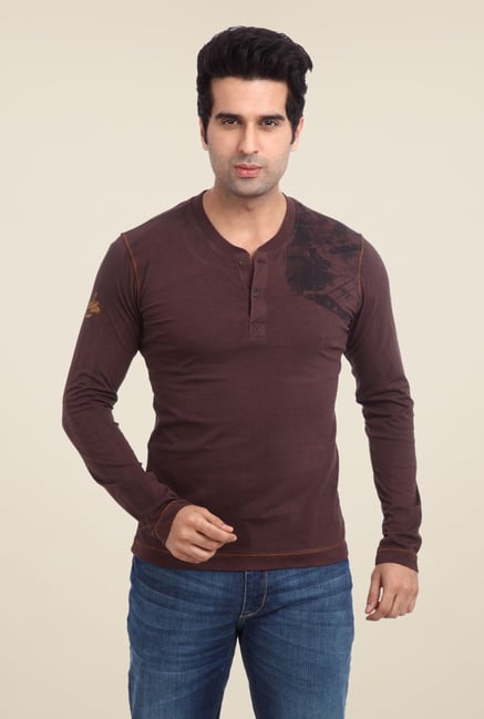 Parx Brown Printed Henley T Shirt Parx Brown Printed Henley T Shirt