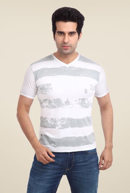 Parx White Striped V Neck T Shirt Parx White Striped V Neck T Shirt