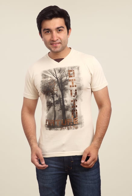 Parx Beige Graphic Printed V Neck T Shirt Parx Beige Graphic Printed V Neck T Shirt