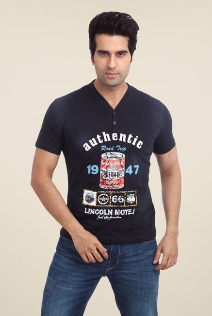 Parx Dark Blue Printed V Neck T Shirt Parx Dark Blue Printed V Neck T Shirt