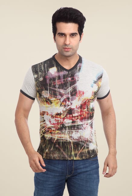 Parx Grey Graphic Printed V Neck T Shirt Parx Grey Graphic Printed V Neck T Shirt