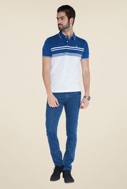 Parx White & Blue Striped Polo T Shirt Parx White & Blue Striped Polo T Shirt