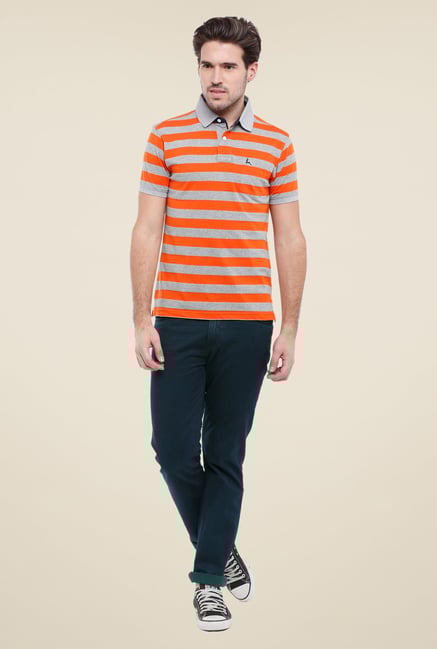 Parx Orange & Grey Striped Polo T Shirt Parx Orange & Grey Striped Polo T Shirt