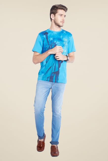 Parx Sky Blue Printed T Shirt Parx Sky Blue Printed T Shirt