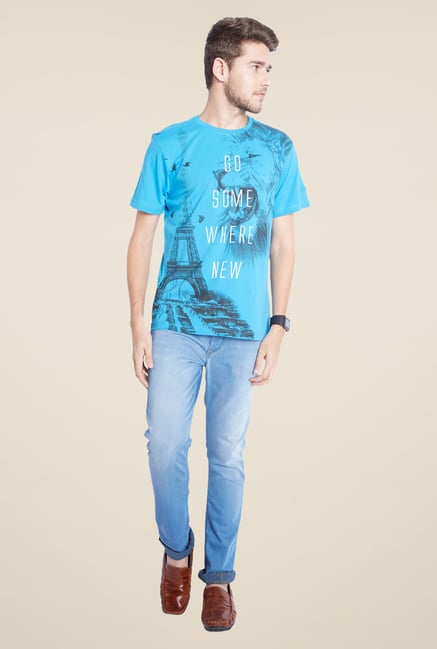 Parx Sky Blue Printed T Shirt Parx Sky Blue Printed T Shirt