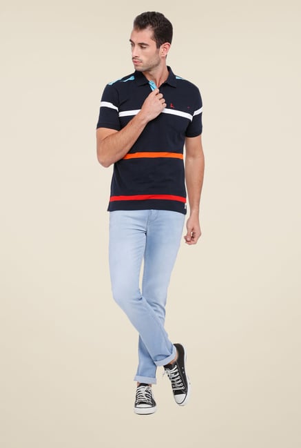 Parx Navy Striped Polo T Shirt Parx Navy Striped Polo T Shirt