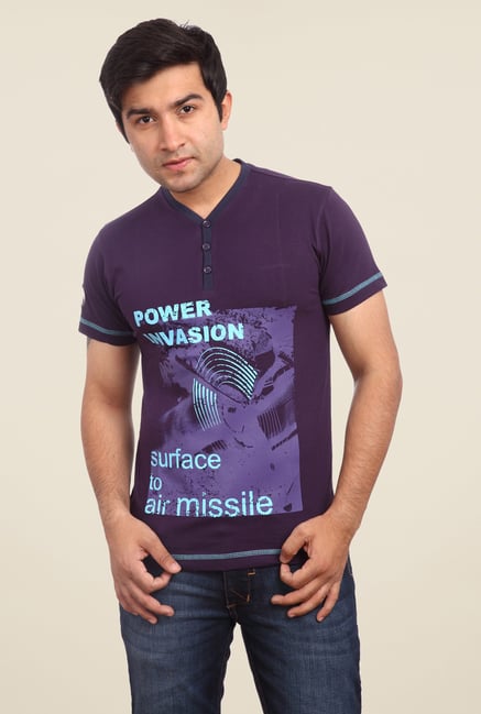 Parx Purple Printed Henley Neck T Shirt Parx Purple Printed Henley Neck T Shirt