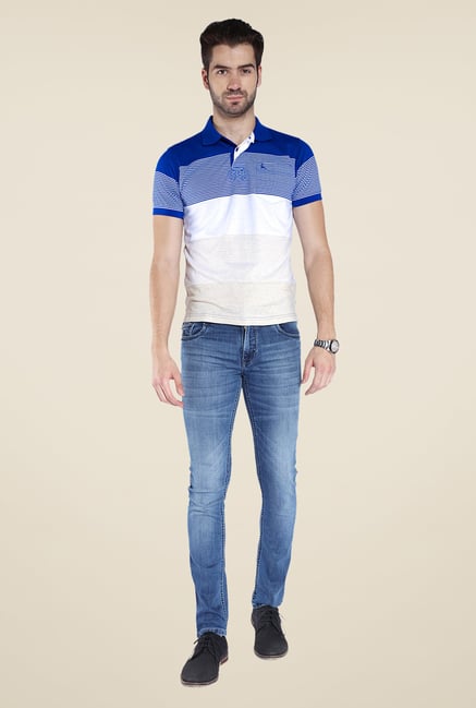 Parx Blue & White Striped Polo T Shirt Parx Blue & White Striped Polo T Shirt