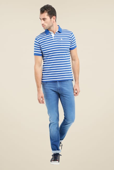 Parx Dark Blue & White Striped Polo T Shirt Parx Dark Blue & White Striped Polo T Shirt