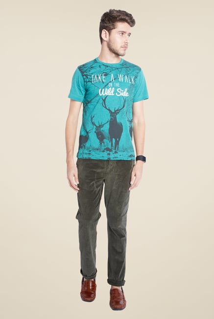 Parx Turquoise Graphic Printed Crew Neck T Shirt Parx Turquoise Graphic Printed Crew Neck T Shirt