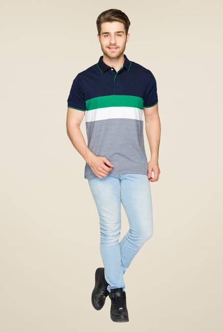 Parx Green & Navy Striped Polo T Shirt Parx Green & Navy Striped Polo T Shirt