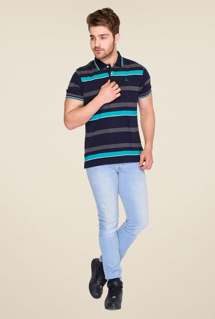 Parx Blue & Black Striped Polo T Shirt Parx Blue & Black Striped Polo T Shirt