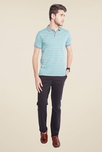 Parx Blue & Grey Striped Polo T Shirt Parx Blue & Grey Striped Polo T Shirt