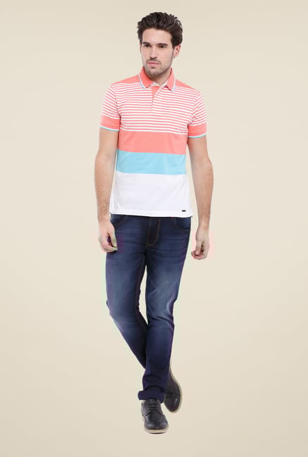 Parx Peach & White Striped Polo T Shirt Parx Peach & White Striped Polo T Shirt