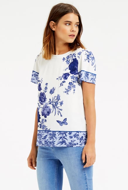 Oasis White & Blue Floral Print Top Oasis White & Blue Floral Print Top