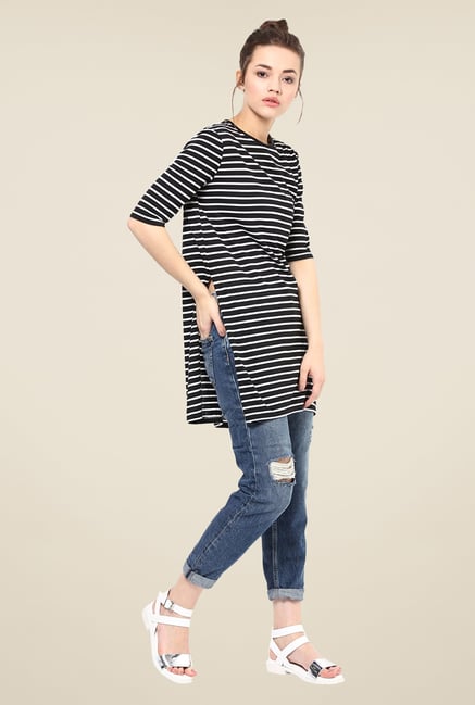 Femella Black Striped Side Slit Top Femella Black Striped Side Slit Top