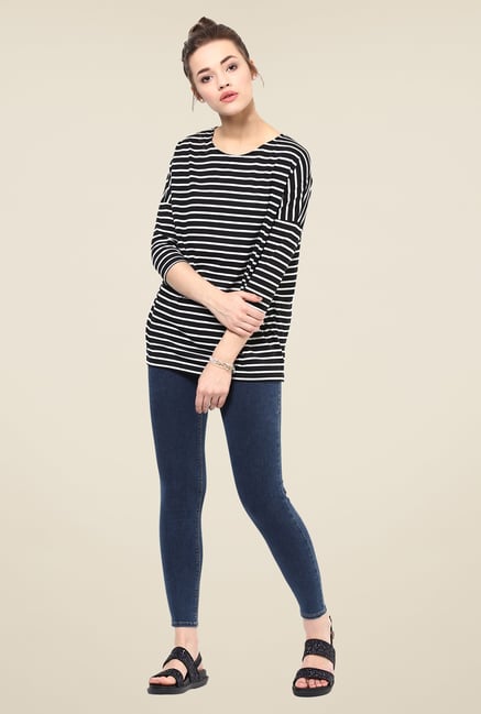 Femella Black Oversized Striped Tee Femella Black Oversized Striped Tee