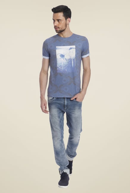 Jack & Jones Blue Cotton Printed T Shirt Jack & Jones Blue Cotton Printed T Shirt