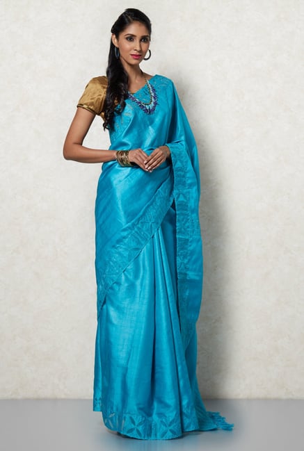 Okhai Turquoise Tussar Silk Saree Okhai Turquoise Tussar Silk Saree