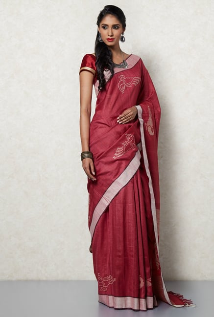 Okhai Maroon Tussar Silk Saree Okhai Maroon Tussar Silk Saree