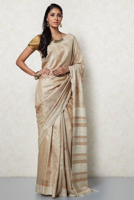 Okhai Beige Tussar Silk Saree Okhai Beige Tussar Silk Saree