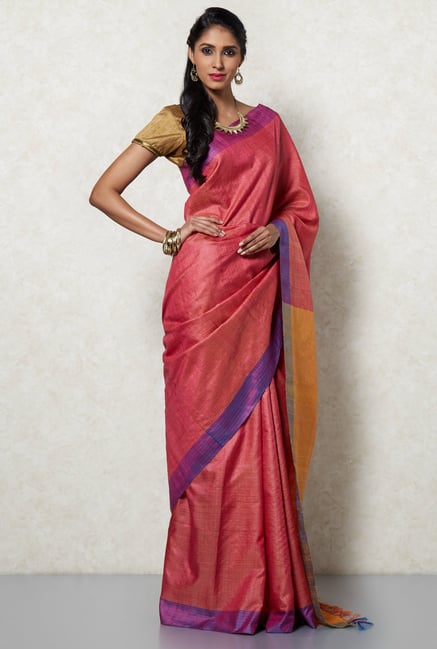 Okhai Pink Tussar Silk Saree Okhai Pink Tussar Silk Saree