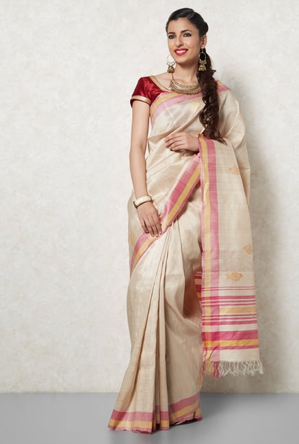 Okhai Beige Tussar Silk Saree Okhai Beige Tussar Silk Saree