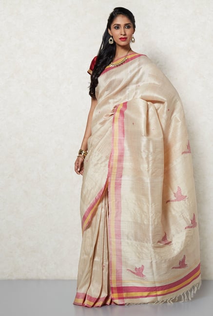 Okhai Beige Tussar Silk Saree Okhai Beige Tussar Silk Saree