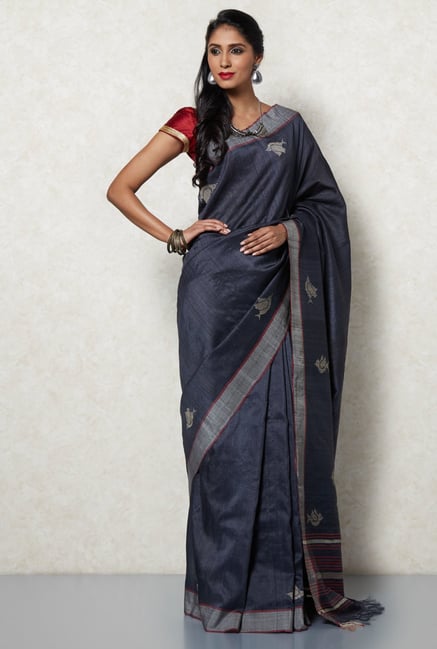 Okhai Dark Grey Tussar Silk Saree Okhai Dark Grey Tussar Silk Saree