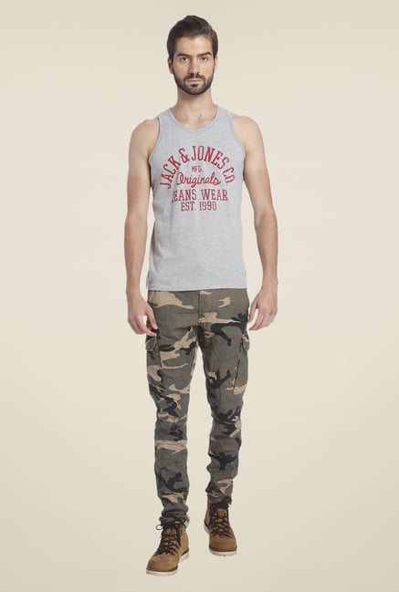 Jack & Jones Grey Printed Cotton T Shirt Jack & Jones Grey Printed Cotton T Shirt
