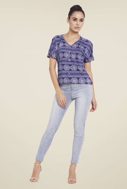 Globus Blue Printed V Neck Top Globus Blue Printed V Neck Top
