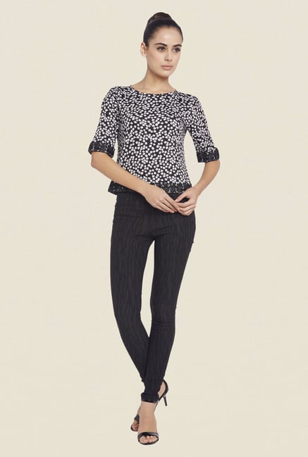 Globus Black Printed Round Neck Top Globus Black Printed Round Neck Top