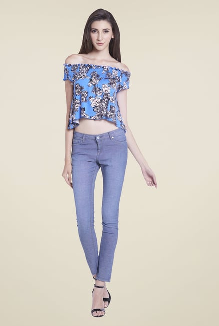 Globus Blue Floral Printed Off Shoulder Crop Top Globus Blue Floral Printed Off Shoulder Crop Top